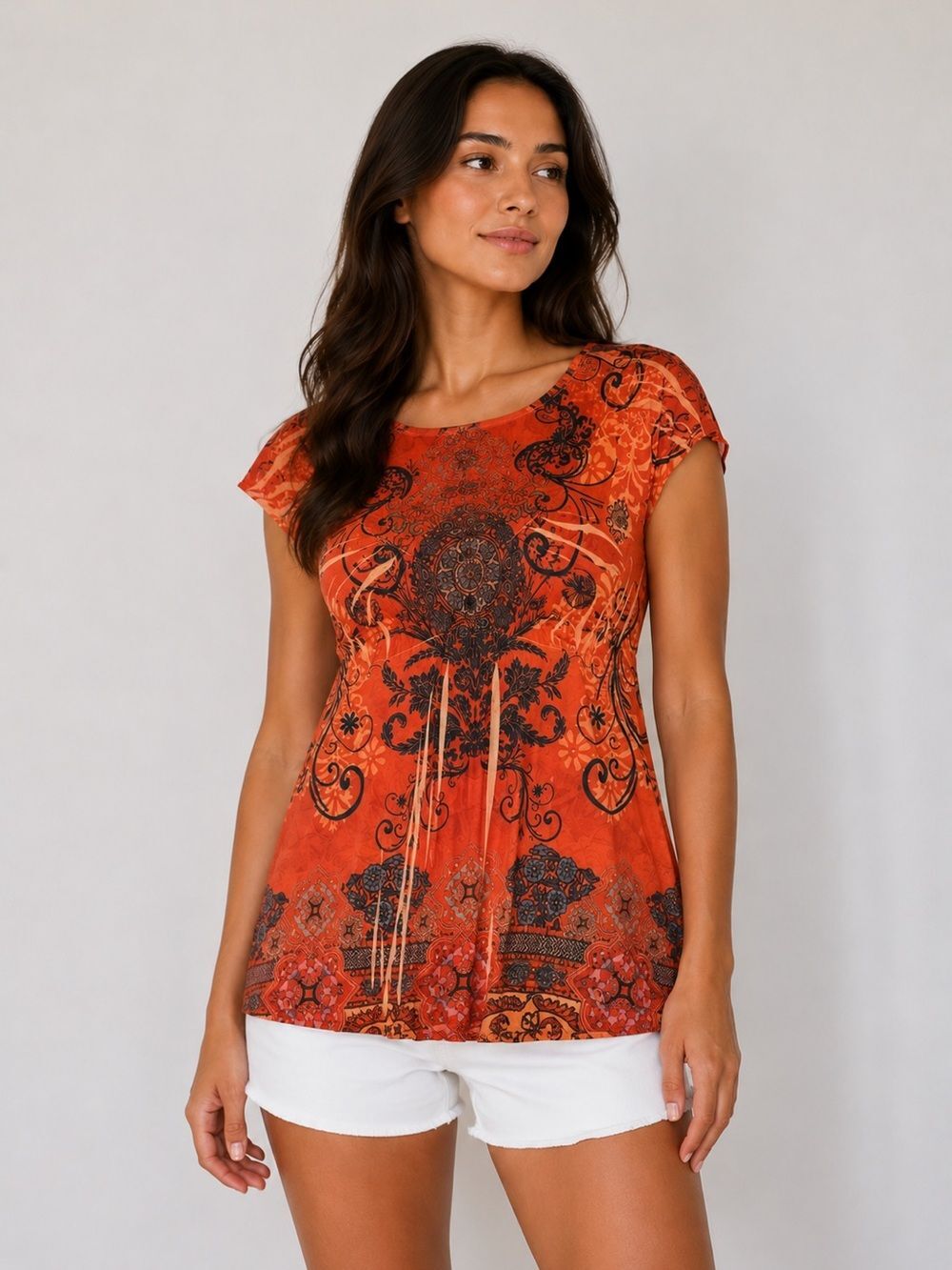 Apt.9 Bohemian Women’s Top T-shirt Geometric Print Size 1X Orange Black